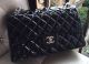 Chanel Classic Black Patent Leather Flap Bag A1113 Silver