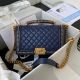 Boy Chanel Handbag Gold-Tone Metal A67086 Dark Blue with Chanel Brand Key Search Words